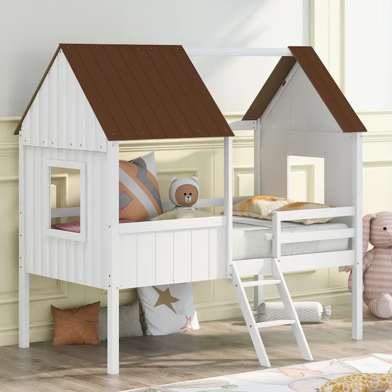 Low Loft Wood House Bed with 2 Side Windows