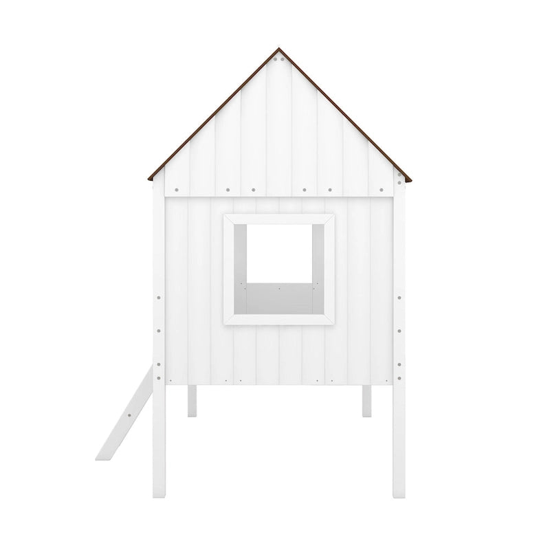 Low Loft Wood House Bed with 2 Side Windows