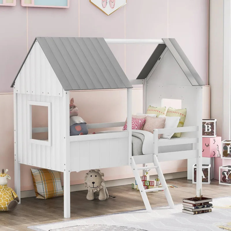 Low Loft Wood House Bed with 2 Side Windows