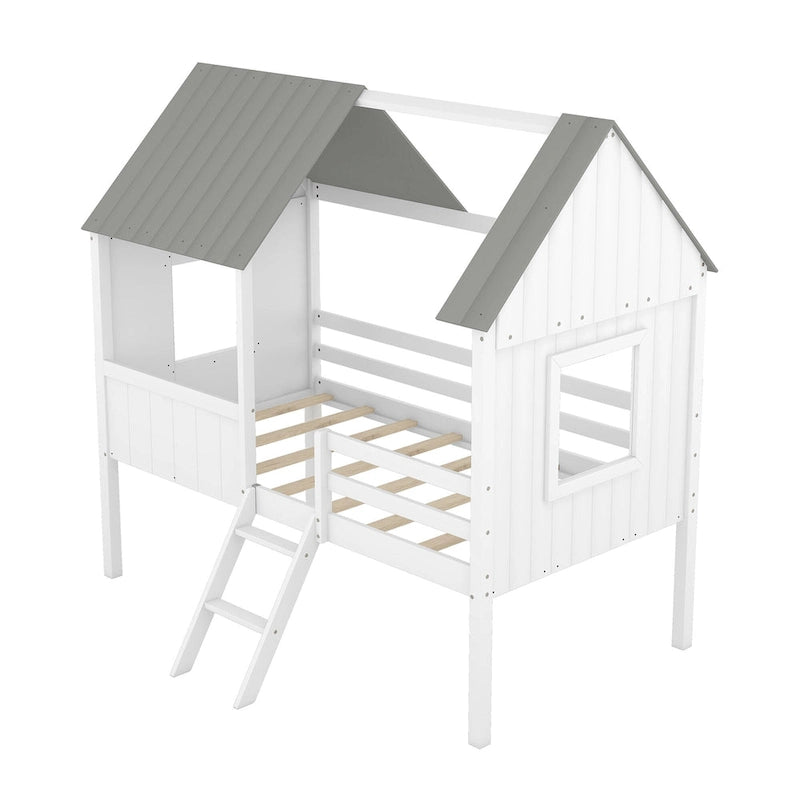 Low Loft Wood House Bed with 2 Side Windows
