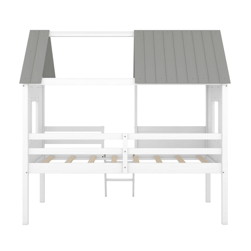 Low Loft Wood House Bed with 2 Side Windows