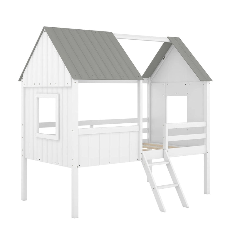 Low Loft Wood House Bed with 2 Side Windows