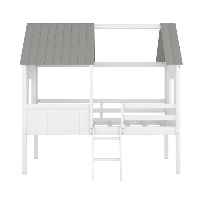 Low Loft Wood House Bed with 2 Side Windows