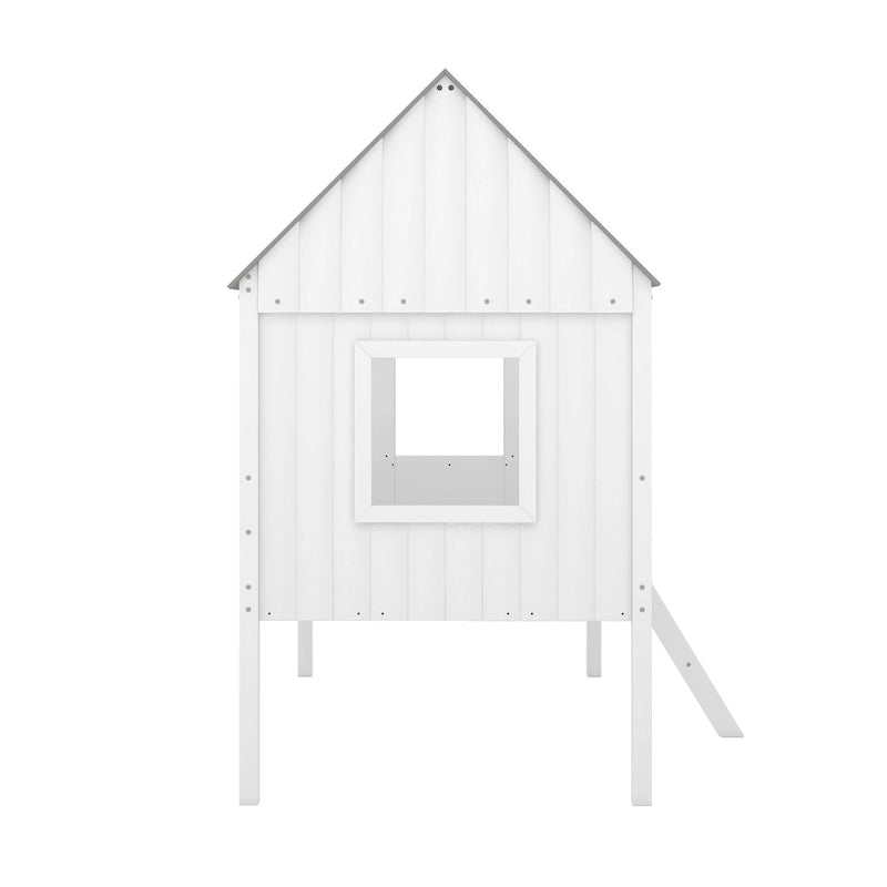 Low Loft Wood House Bed with 2 Side Windows