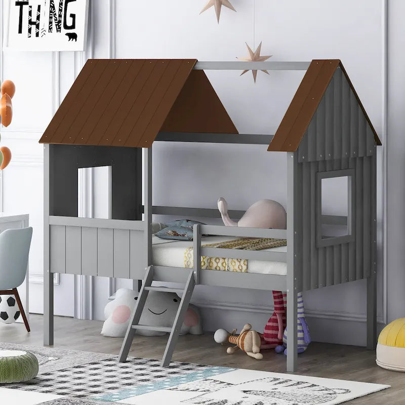 Low Loft Wood House Bed with 2 Side Windows