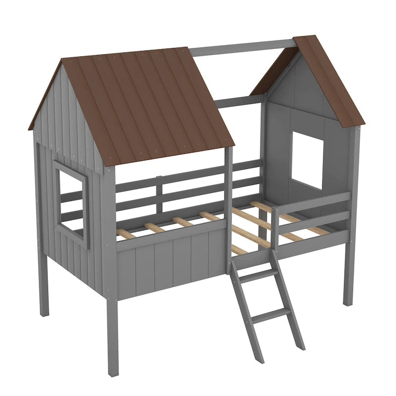 Low Loft Wood House Bed with 2 Side Windows