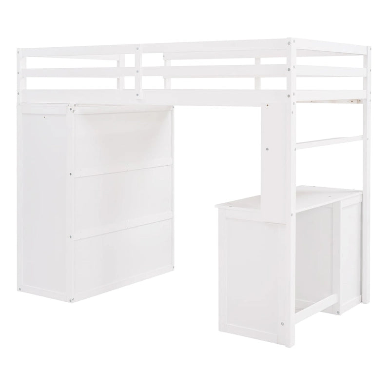 Letto a soppalco multifunzionale Twin/Full con cassetti, scrivania e guardaroba - area studio salvaspazio