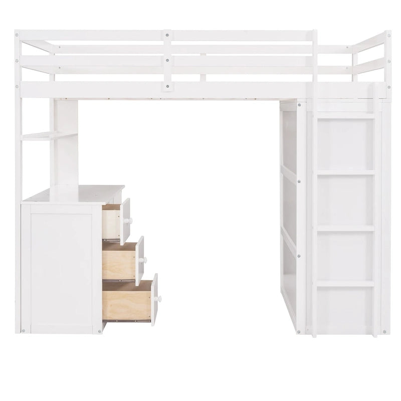 Letto a soppalco multifunzionale Twin/Full con cassetti, scrivania e guardaroba - area studio salvaspazio
