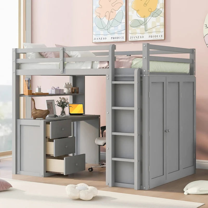 Letto a soppalco multifunzionale Twin/Full con cassetti, scrivania e guardaroba - area studio salvaspazio