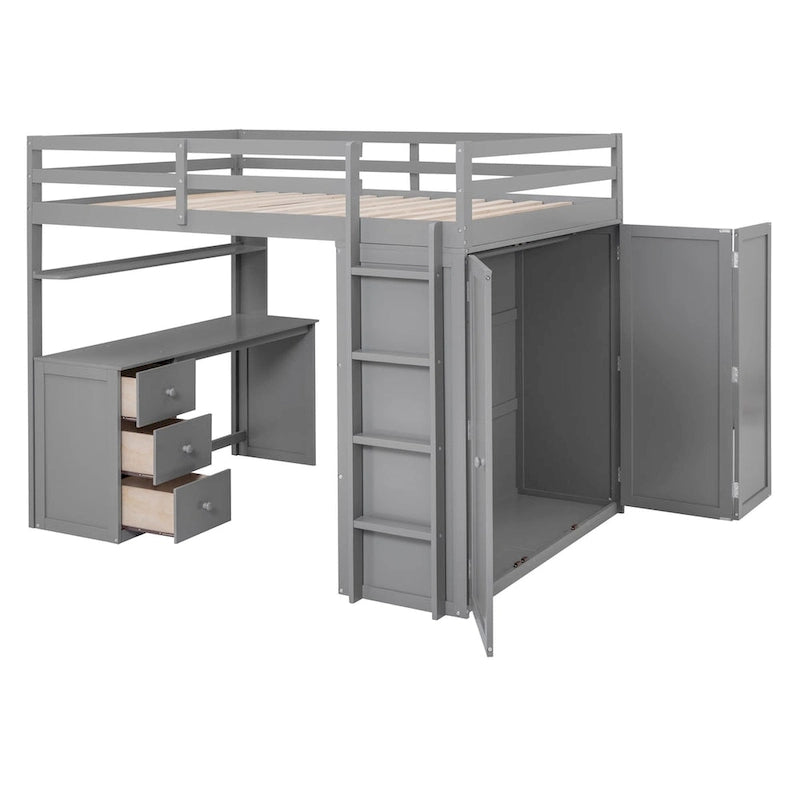 Letto a soppalco multifunzionale Twin/Full con cassetti, scrivania e guardaroba - area studio salvaspazio