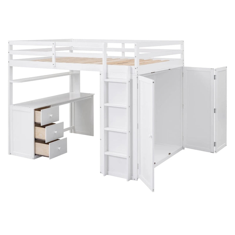 Letto a soppalco multifunzionale Twin/Full con cassetti, scrivania e guardaroba - area studio salvaspazio