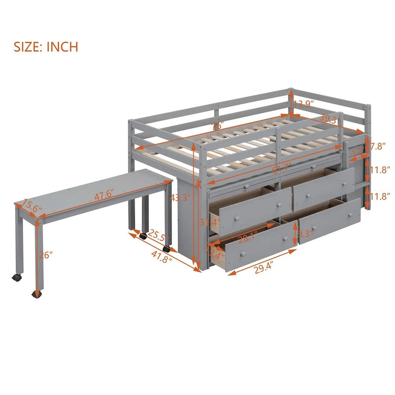 Twin Size Loft Bed with Desk and Drawers
