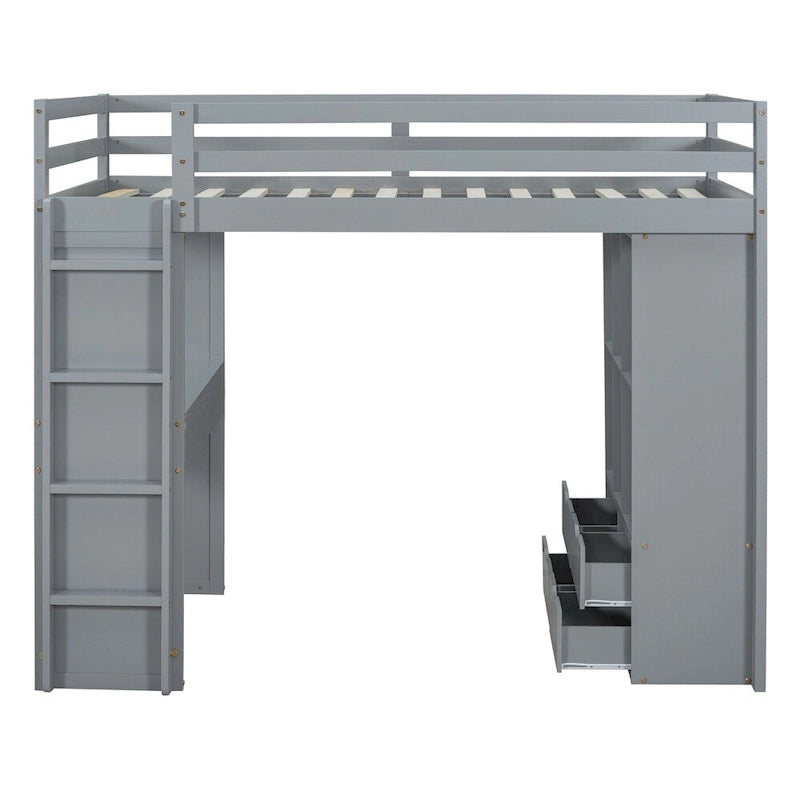 Twin Size Loft Bed with Large Shelves, Writing Sesk and LED Light
