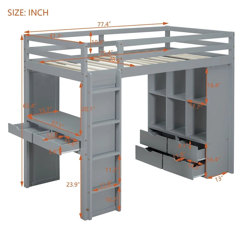 Twin Size Loft Bed with Large Shelves, Writing Sesk and LED Light
