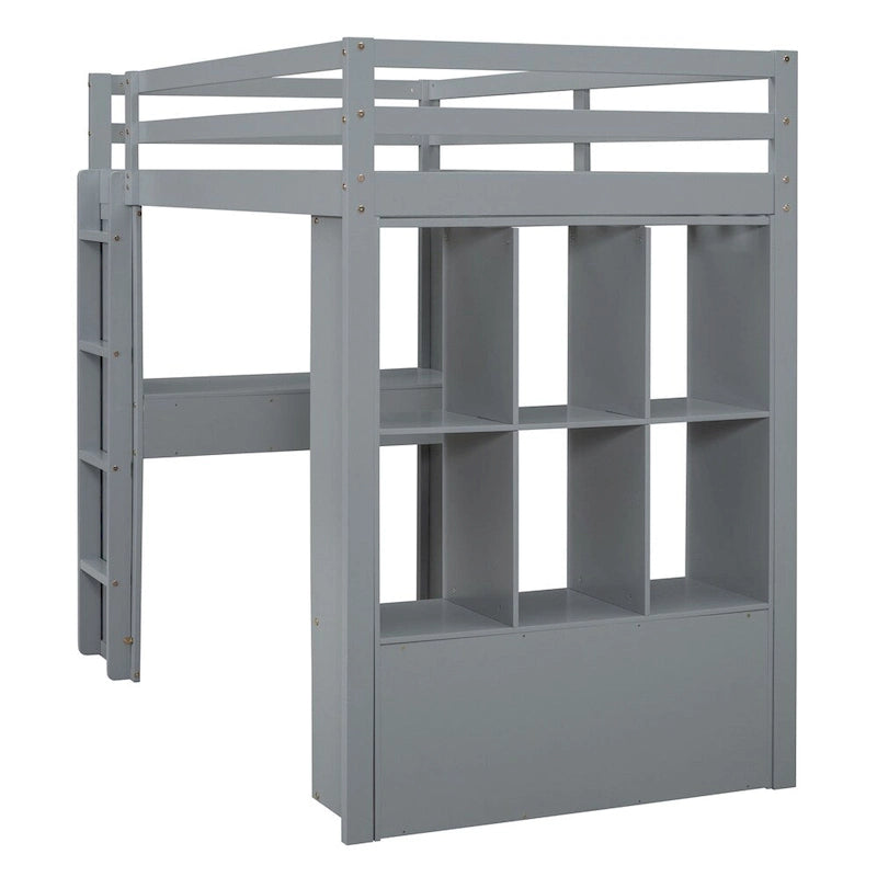Twin Size Loft Bed with Large Shelves, Writing Sesk and LED Light
