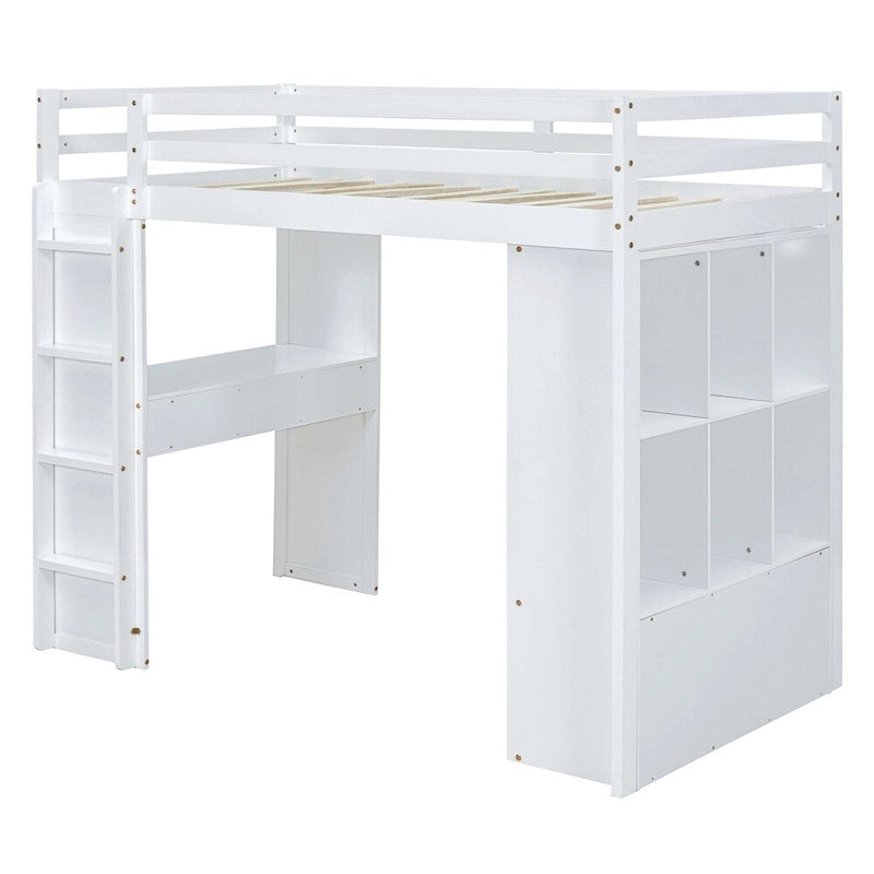 Cama alta tamaño Twin con estantes grandes, escritorio para escribir y luz LED
