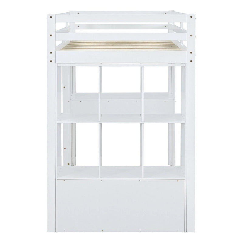 Cama alta tamaño Twin con estantes grandes, escritorio para escribir y luz LED