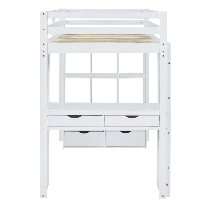 Cama alta tamaño Twin con estantes grandes, escritorio para escribir y luz LED