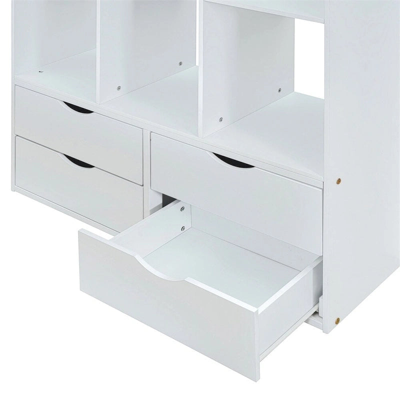 Cama alta tamaño Twin con estantes grandes, escritorio para escribir y luz LED
