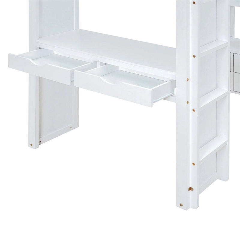 Cama alta tamaño Twin con estantes grandes, escritorio para escribir y luz LED
