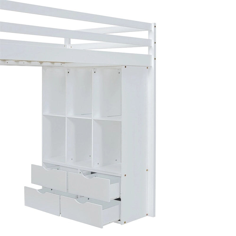 Cama alta tamaño Twin con estantes grandes, escritorio para escribir y luz LED