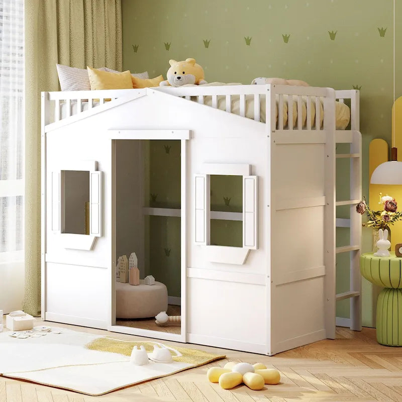 Letto a soppalco in legno massello di pino, stile White Castle, con scala e sponde di sicurezza
