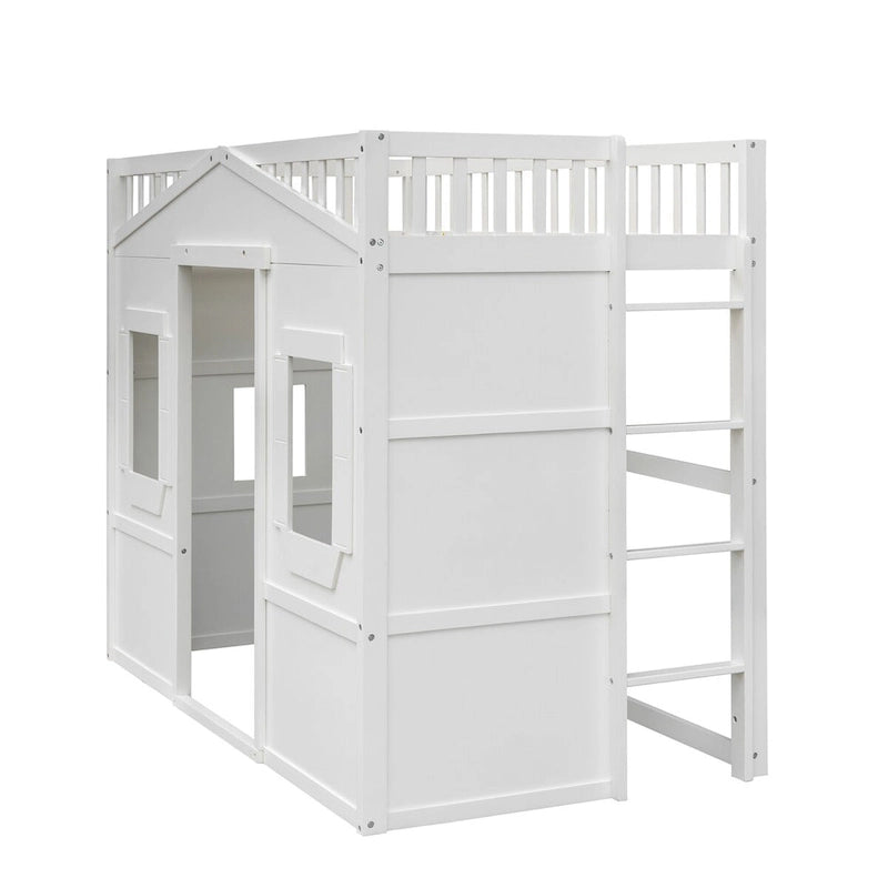 Letto a soppalco in legno massello di pino, stile White Castle, con scala e sponde di sicurezza