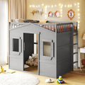 Cama alta tipo casita de tamaño matrimonial, estructura de cama de madera tipo casita con ventanas, cama alta infantil con escalera y barandillas de seguridad