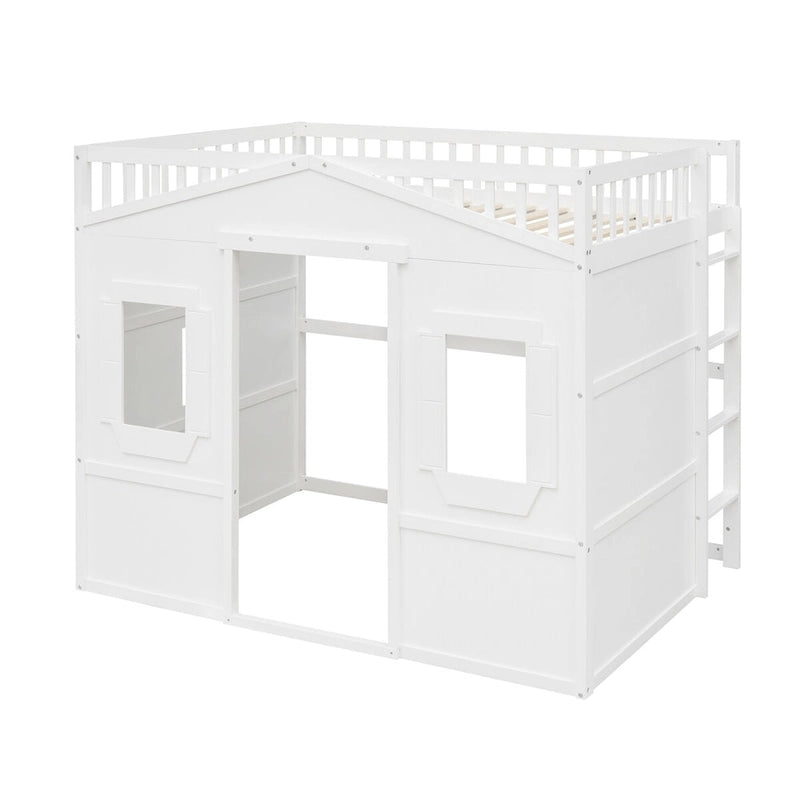 Full Size House Loft Bed, Wood House Bed Frame with Windows, Child Loft Bed with Ladder and Safety Guardrails