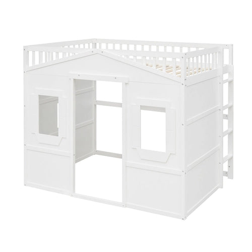 Letto a soppalco a forma di casetta matrimoniale, struttura letto in legno a forma di casetta con finestre, letto a soppalco per bambini con scala e sponde di sicurezza