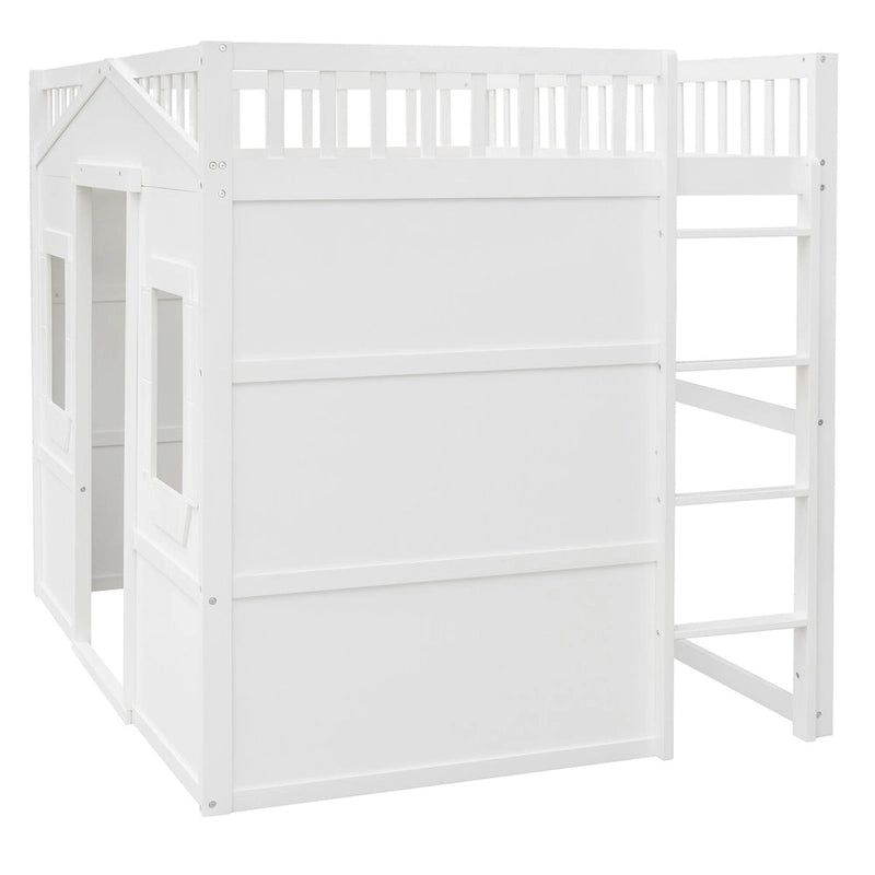 Full Size House Loft Bed, Wood House Bed Frame with Windows, Child Loft Bed with Ladder and Safety Guardrails