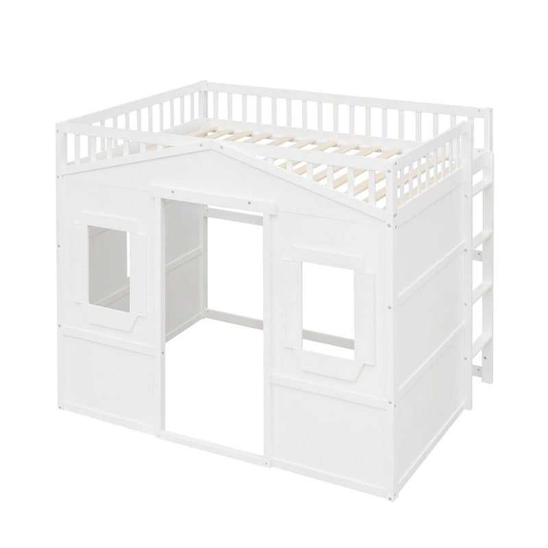 Full Size House Loft Bed, Wood House Bed Frame with Windows, Child Loft Bed with Ladder and Safety Guardrails