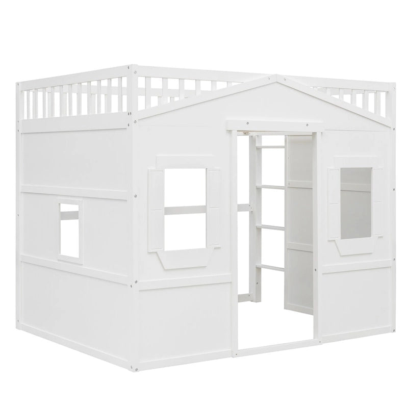 Cama alta tipo casita de tamaño matrimonial, estructura de cama de madera tipo casita con ventanas, cama alta infantil con escalera y barandillas de seguridad