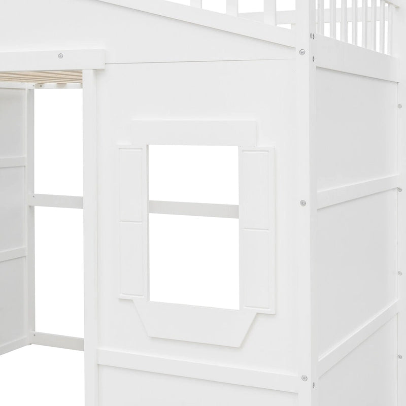 Cama alta tipo casita de tamaño matrimonial, estructura de cama de madera tipo casita con ventanas, cama alta infantil con escalera y barandillas de seguridad