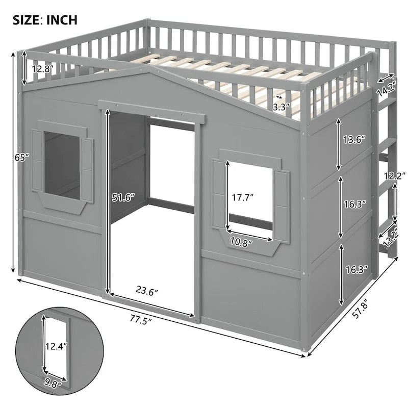 Cama alta tipo casita de tamaño matrimonial, estructura de cama de madera tipo casita con ventanas, cama alta infantil con escalera y barandillas de seguridad