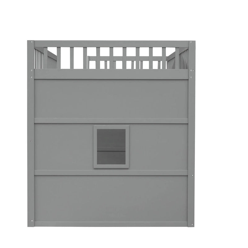 Cama alta tipo casita de tamaño matrimonial, estructura de cama de madera tipo casita con ventanas, cama alta infantil con escalera y barandillas de seguridad