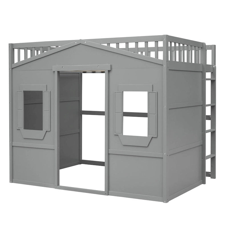 Cama alta tipo casita de tamaño matrimonial, estructura de cama de madera tipo casita con ventanas, cama alta infantil con escalera y barandillas de seguridad