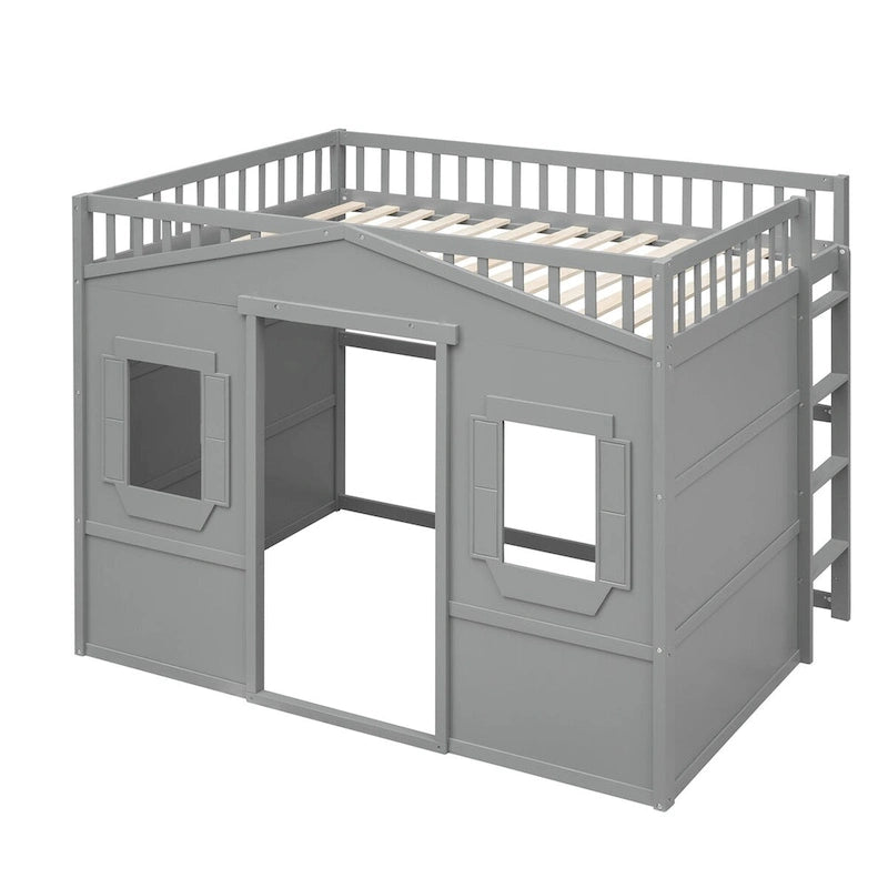 Cama alta tipo casita de tamaño matrimonial, estructura de cama de madera tipo casita con ventanas, cama alta infantil con escalera y barandillas de seguridad