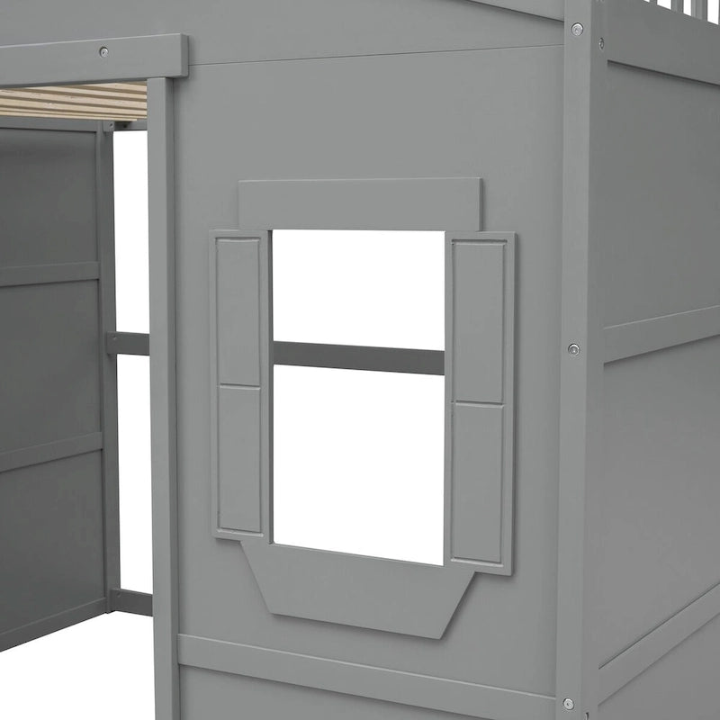 Cama alta tipo casita de tamaño matrimonial, estructura de cama de madera tipo casita con ventanas, cama alta infantil con escalera y barandillas de seguridad