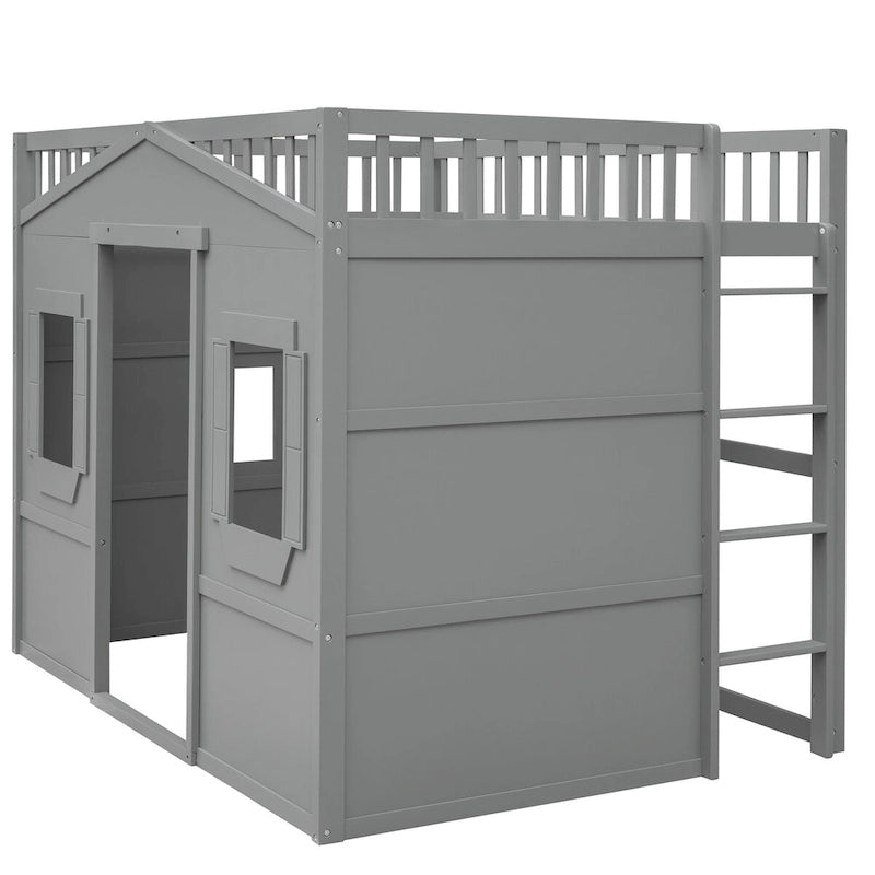 Cama alta tipo casita de tamaño matrimonial, estructura de cama de madera tipo casita con ventanas, cama alta infantil con escalera y barandillas de seguridad