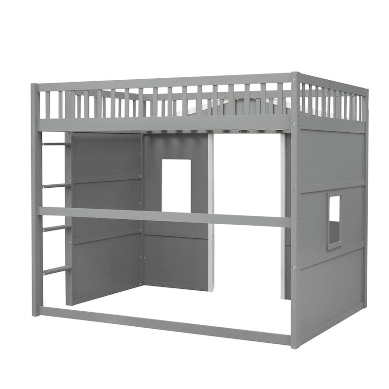 Cama alta tipo casita de tamaño matrimonial, estructura de cama de madera tipo casita con ventanas, cama alta infantil con escalera y barandillas de seguridad