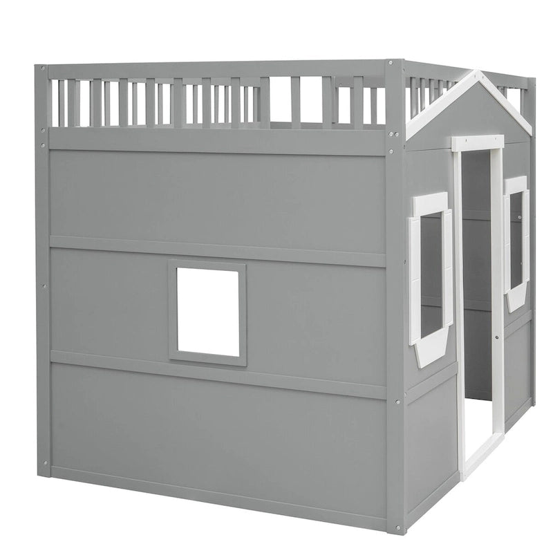 Cama alta tipo casita de tamaño matrimonial, estructura de cama de madera tipo casita con ventanas, cama alta infantil con escalera y barandillas de seguridad
