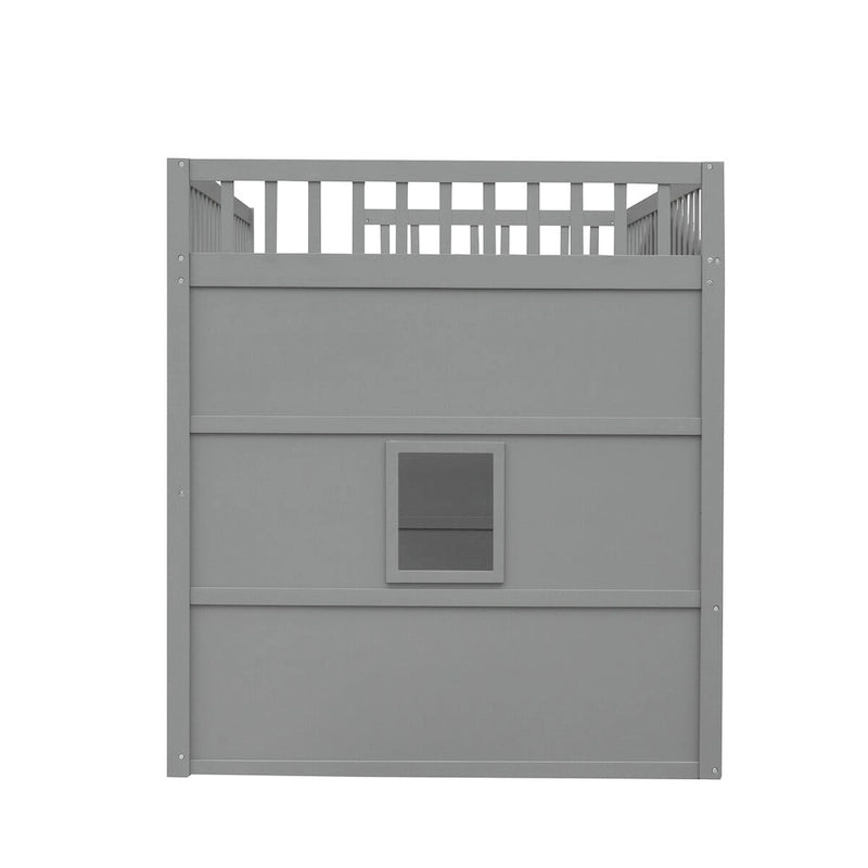 Cama alta tipo casita de tamaño matrimonial, estructura de cama de madera tipo casita con ventanas, cama alta infantil con escalera y barandillas de seguridad