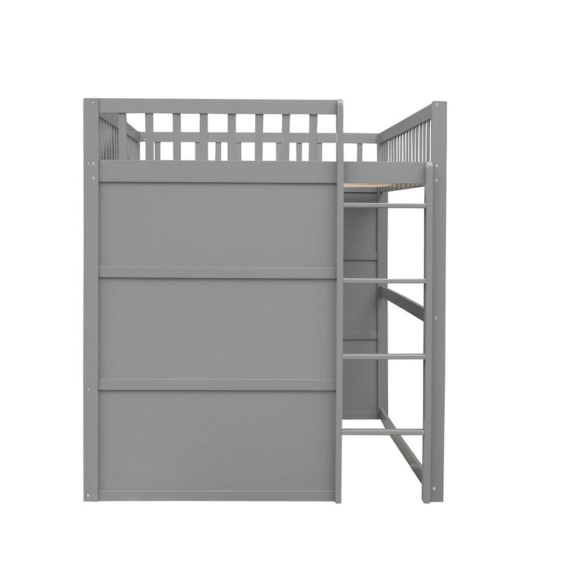 Cama alta tipo casita de tamaño matrimonial, estructura de cama de madera tipo casita con ventanas, cama alta infantil con escalera y barandillas de seguridad