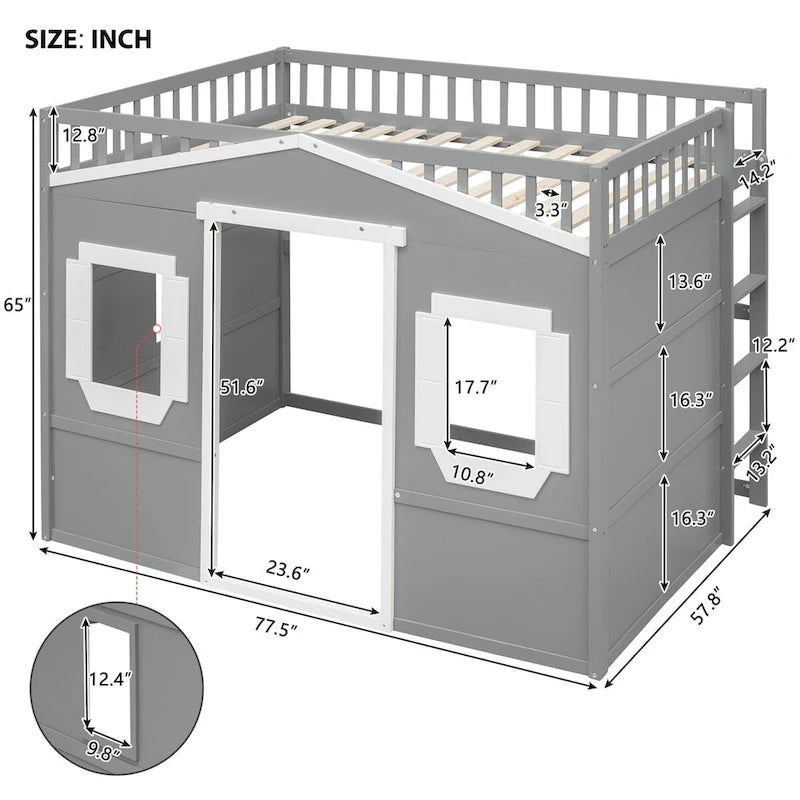 Cama alta tipo casita de tamaño matrimonial, estructura de cama de madera tipo casita con ventanas, cama alta infantil con escalera y barandillas de seguridad