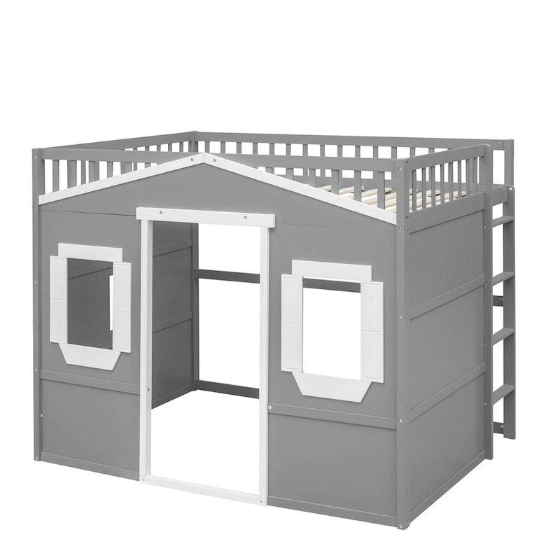 Cama alta tipo casita de tamaño matrimonial, estructura de cama de madera tipo casita con ventanas, cama alta infantil con escalera y barandillas de seguridad