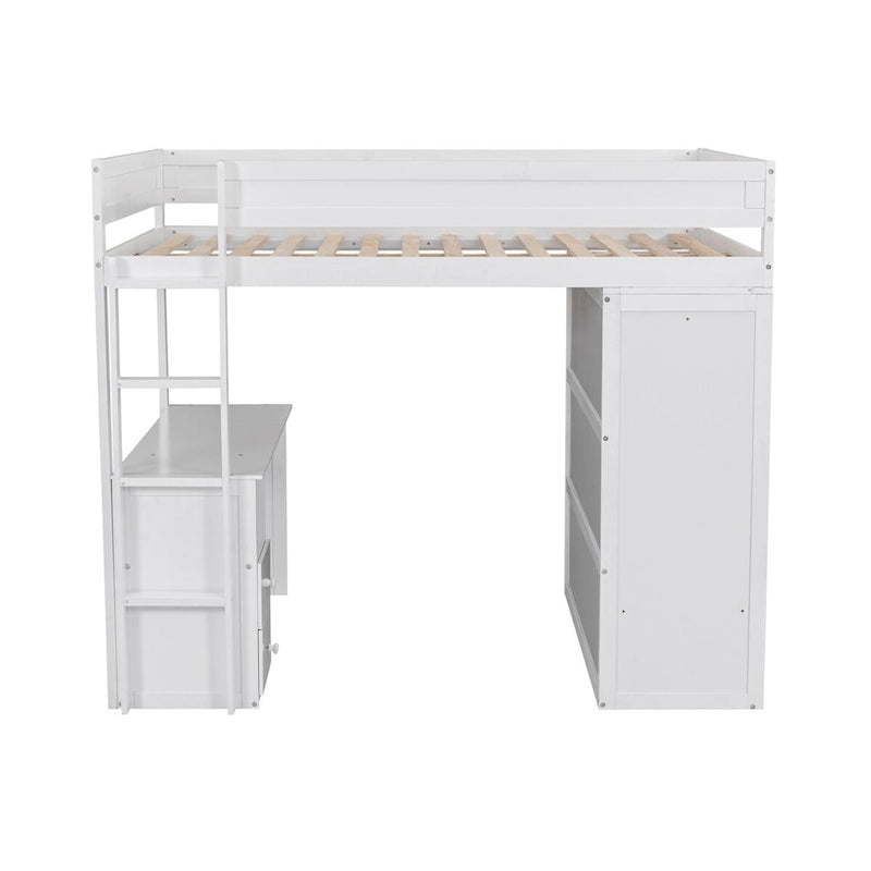 Weißes Kiefernholz-Hochbett mit Kleiderschränken, Schreibtisch mit 2 Schubladen und Schrank, durchgehendes Schutzgitter