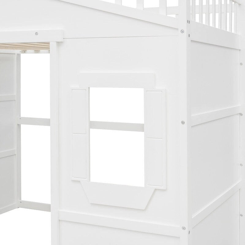 Full Size Wood Loft Bed, House Bed Frame with Ladder and Safety Guardrails for Kids, No Box Spring Needed