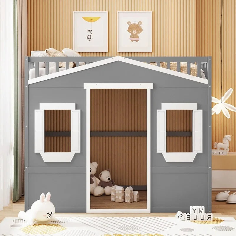 Full Size Wood Loft Bed, House Bed Frame with Ladder and Safety Guardrails for Kids, No Box Spring Needed