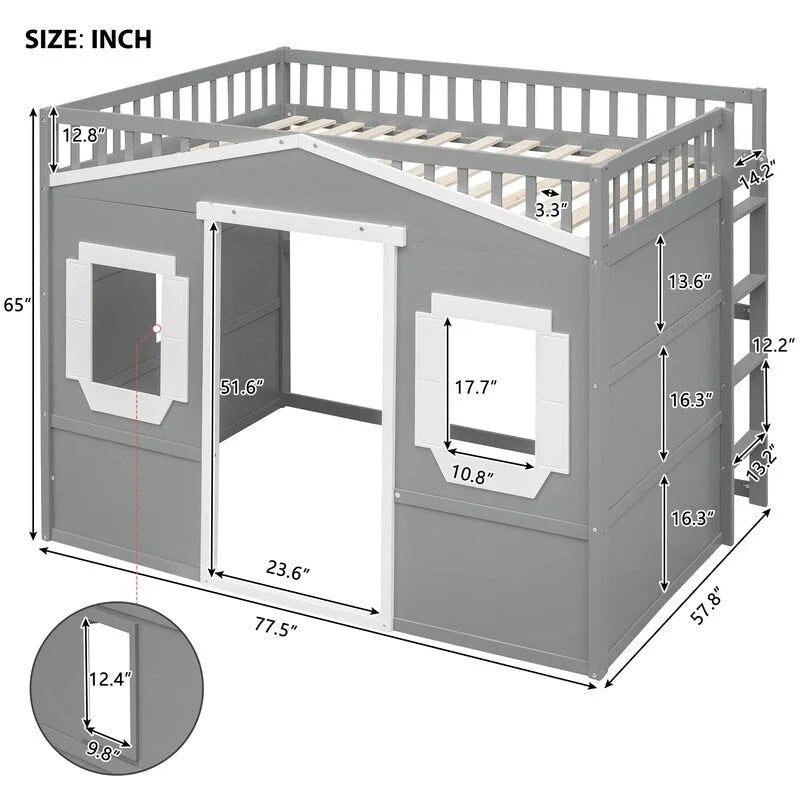 Full Size Wood Loft Bed, House Bed Frame with Ladder and Safety Guardrails for Kids, No Box Spring Needed